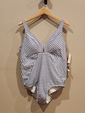 Time & Tru Blue White Striped One Piece Swimsuit Women's 1X NWT